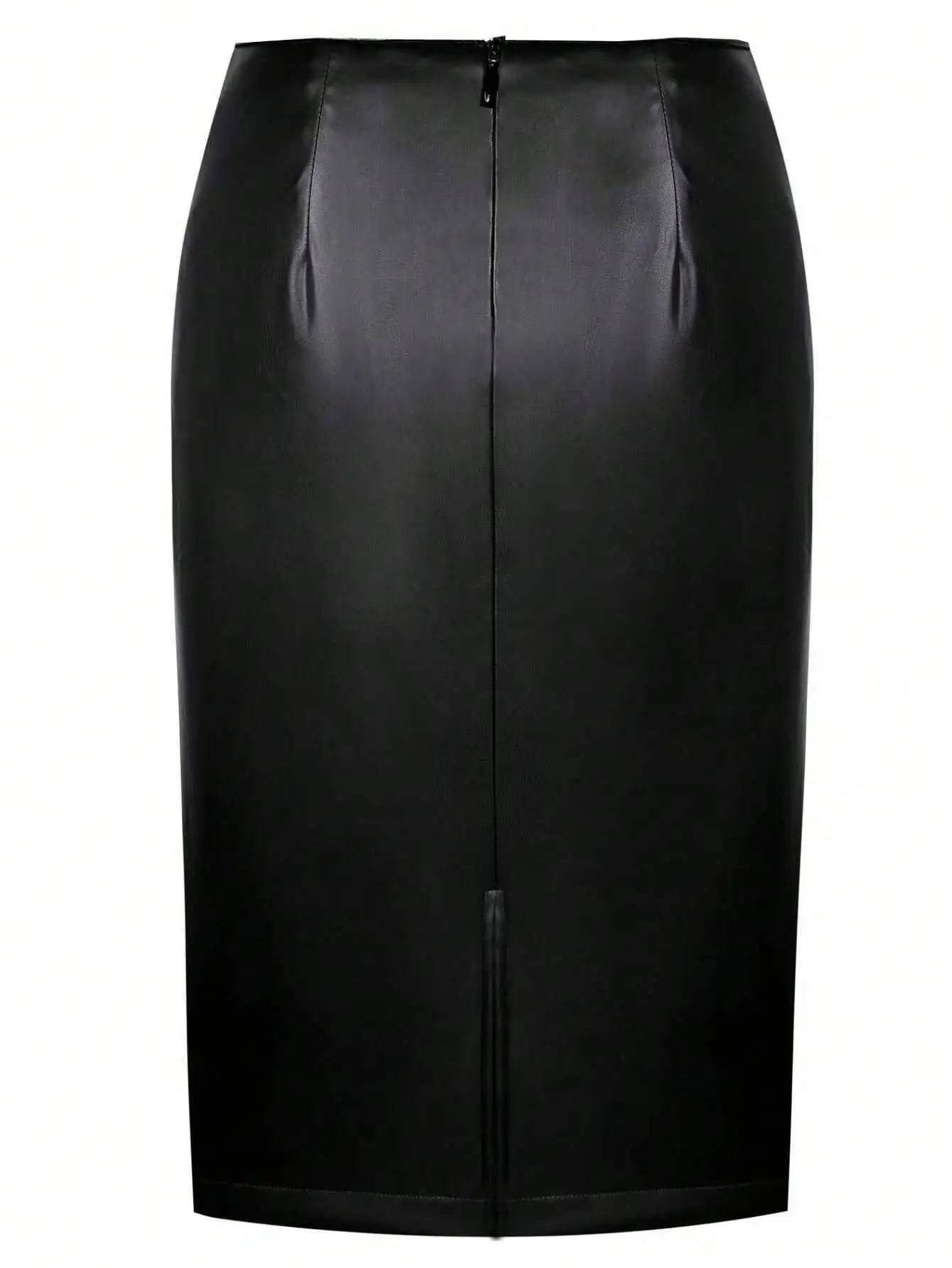 S-2XL UK Size Women Elegant PU Leather Black High Waist Work Office Lady Bodycon Sheath Knee Length Pencil Skirt
