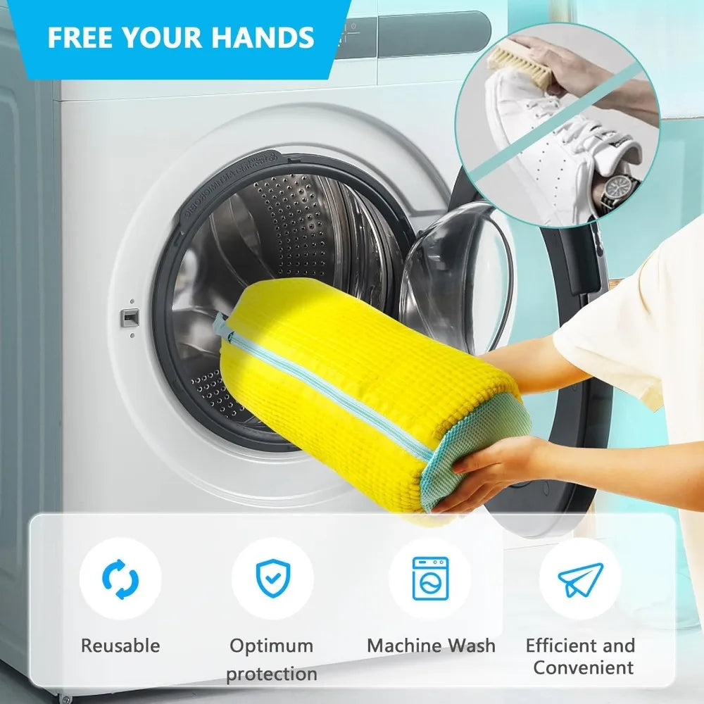 NEW Arrivals Durable Shoe Washing Machine Bag for All Shoe Types-Yellow with Blue Zipper, Ideal for Sneakers and Casual Shoes, Laundry Wash Bag