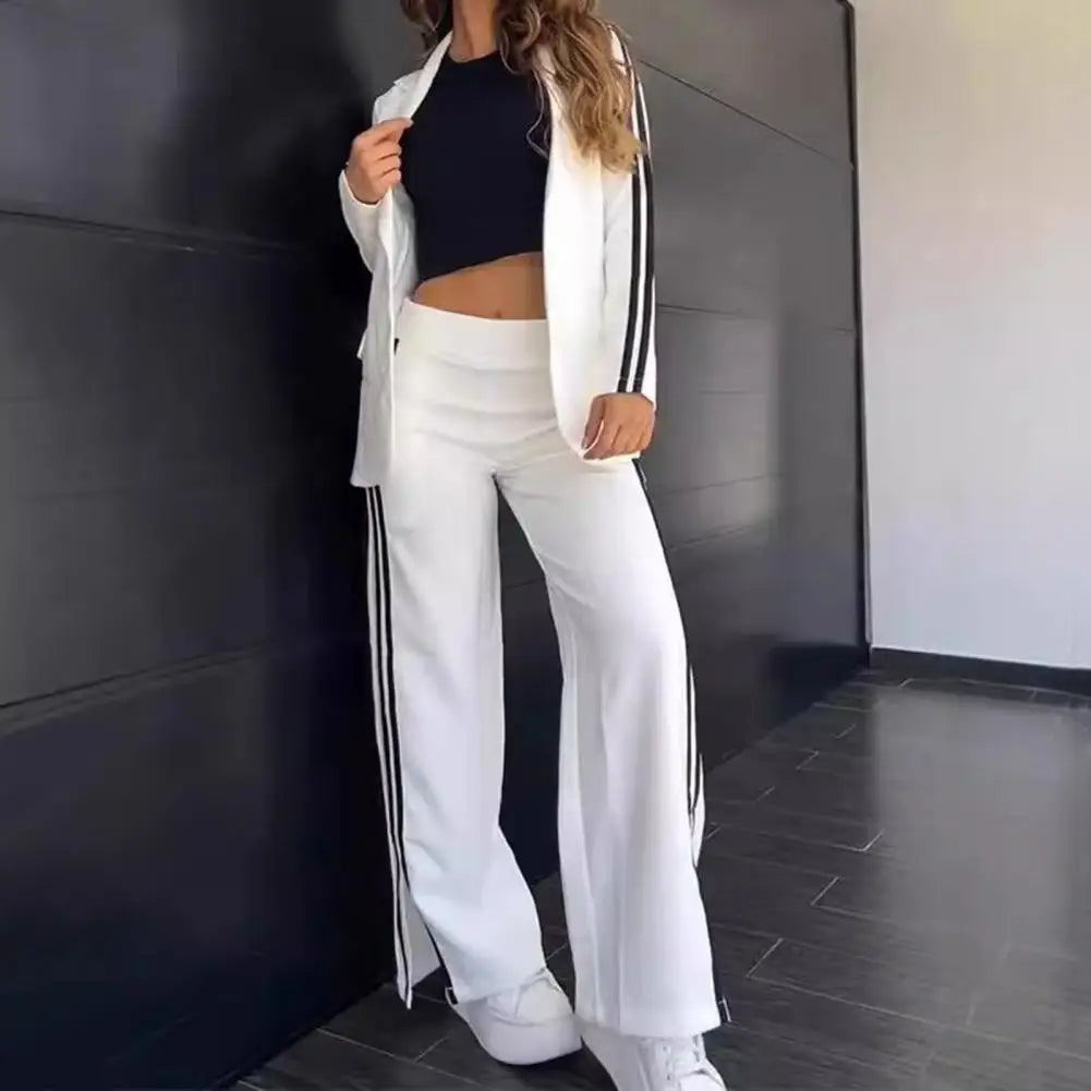 2 PCS Set S-3XL UK Size 5 Colors Women's Blazer Formal Coat Pants Set Autumn Winter Long Sleeves Jacket Loose Striped Wide Leg Casual Suit Outfit Girls Ladies Fashion Apparel Supplies