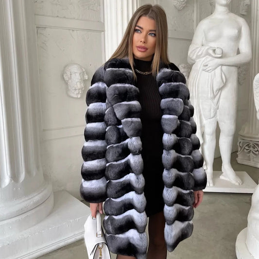 NEW Arrivals UK S-4XL Size 3 Colors Women Luxury Chinchilla Natural Rex Rabbit Fur Coat With Fur Collar Warm Winter Jacket Women Warm Chinchilla Fur Jacket Real Fur Coat