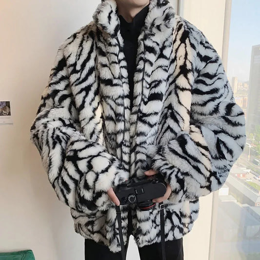 M-3XL Faux Fur Coat for Men Turn-Down Collar Tiger Leopard Imitate Fur Jacket Thick Winter Warm Snow Clothes Supplies Fluffy Plush Loose Jumper Outwear Gifts for Husband Boyfriend Lover Men Luxury Fashion Clothing Products