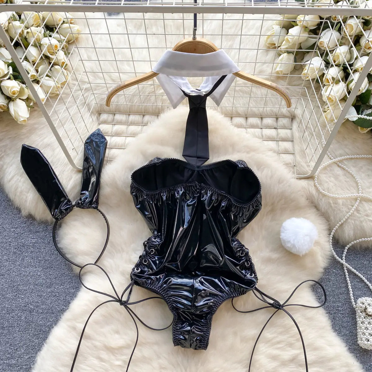 Playboy Bunny PU Leather Rabbit Girl Strapless Strapping Slim Jumpsuit Set Exotic Pornographic Lingerie Party Cosplay Bodysuit Lace-up Sexy Lingerie Underwear Fashion Clothing Sexy Apparel Products