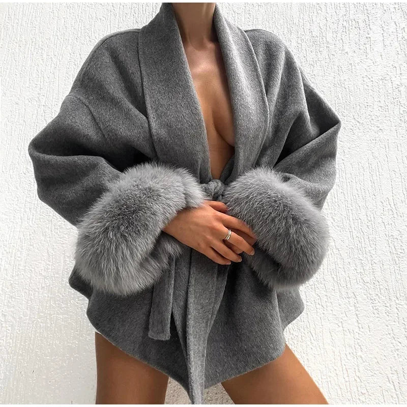 UK Size 5 Colors Elegant Lace Up Woolen Overcoat Women Casual Lapel V-Neck Full Sleeve Loose Warm Outerwear Lady New Autumn Commute Street Coat