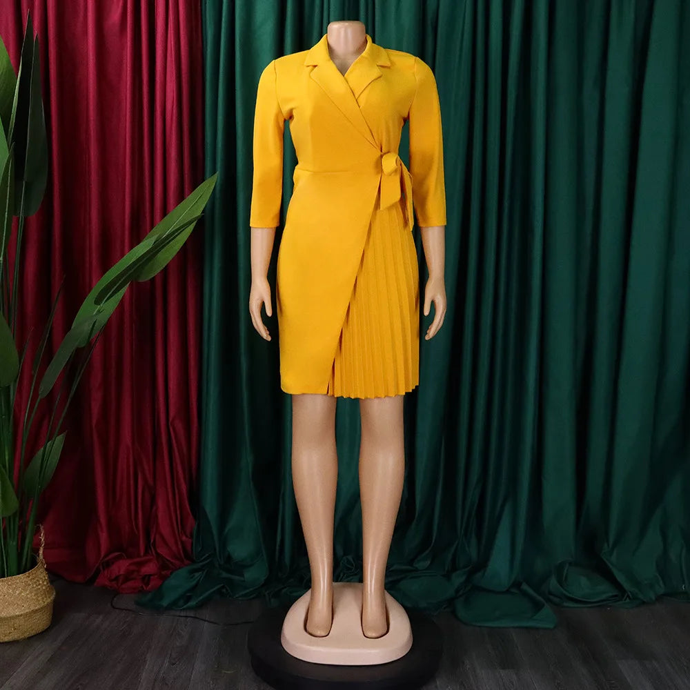 Plus Size Elegant African Blazer Dresses for Women Notched Collar Full Sleeve Sashes Pleated Mini Length Luxury Female Birthday Dress New
