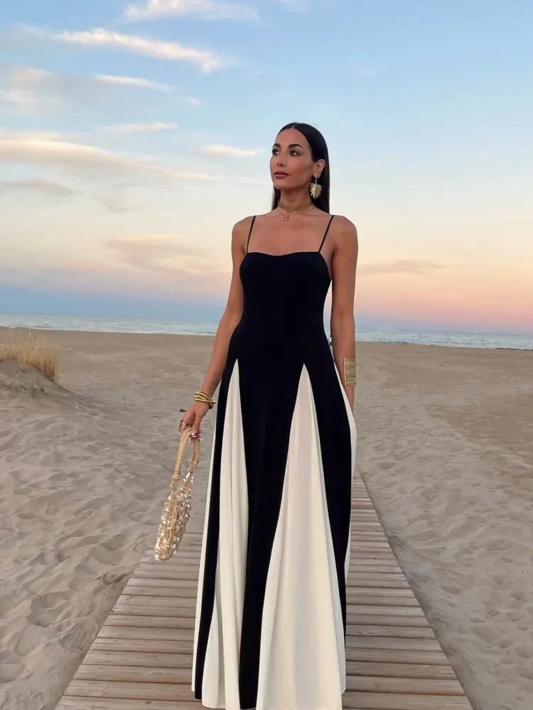 NEW Italian Fashion Gauze Contrasting Color Strap Sling-Long Sleeves Maxi Dress For Women Girls Elegant Backless Sleeveless High Waist Evening Party Dress Female Ladies Luxury Fashion Clothing Supplies