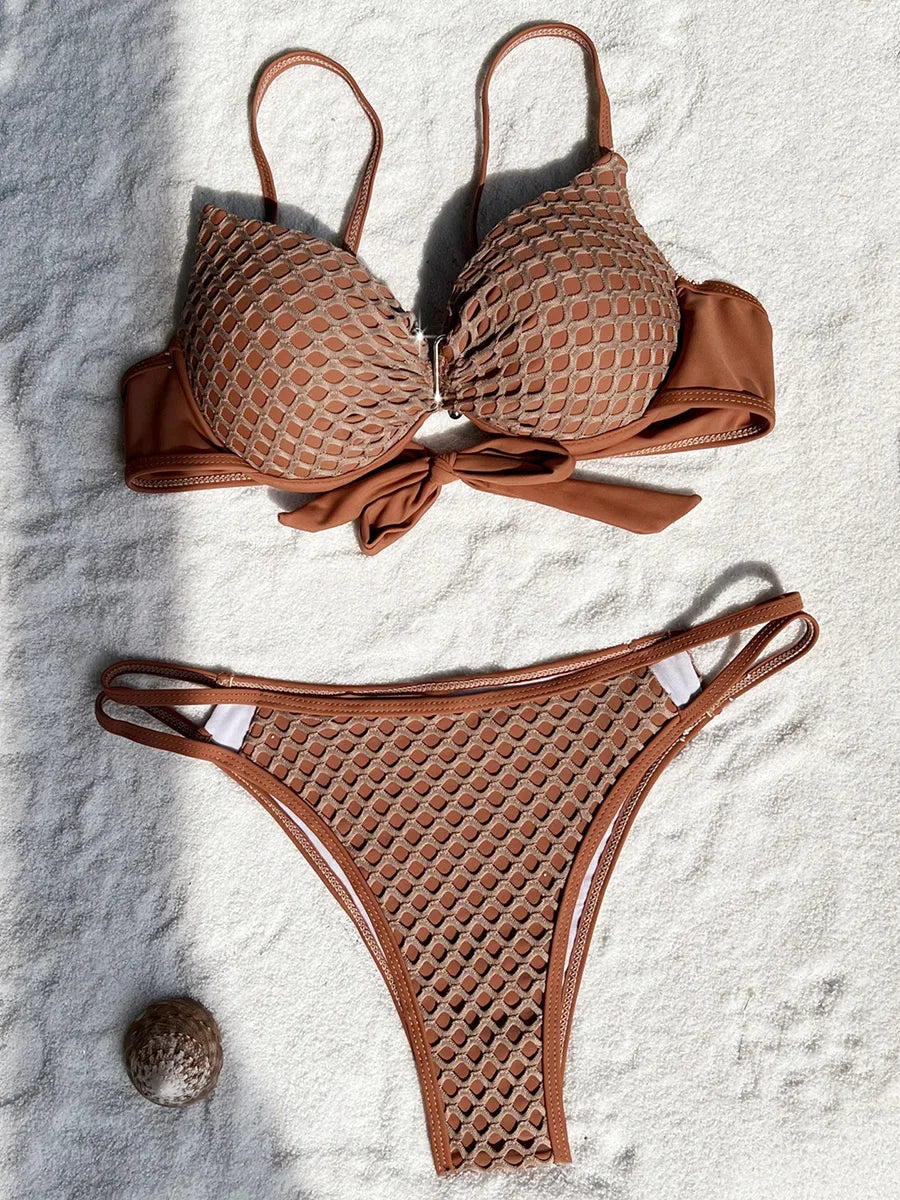 NEW Arrivals 2PCS Set  S- XL UK Size  Underwired Bra Cup Fishnet Bikini Female Swimsuit Women Swimwear Bikini Set Push Up Bather Bathing Suit Swim
