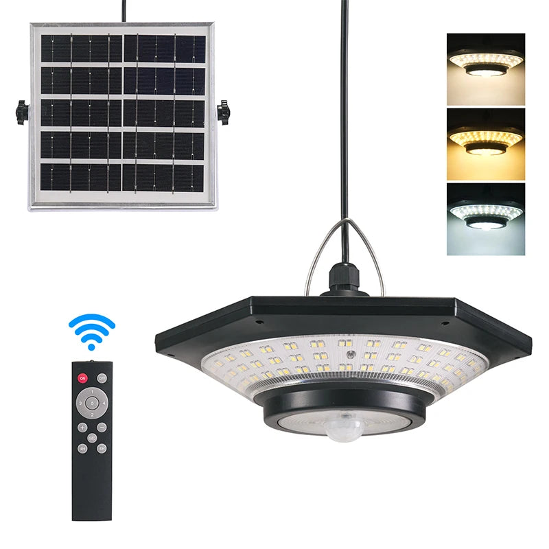 Motion Sensor Solar Pendant Lights Outdoor Indoor 228LED Shed Light with Motion Sensor 3 Lighting Modes Waterproof for House Gazebo Lamp