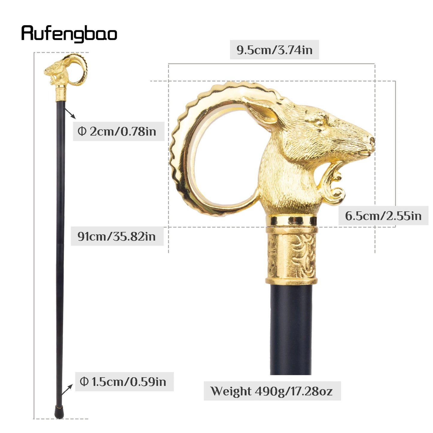 Golden Goat Sheep Animal Single Joint Illuminati's Master Walking Stick with Hidden Plate Self Defense Fashion Cane Cosplay Crosier Stick 91cm for Secret Society Bohemian Ceremony Ritual Events