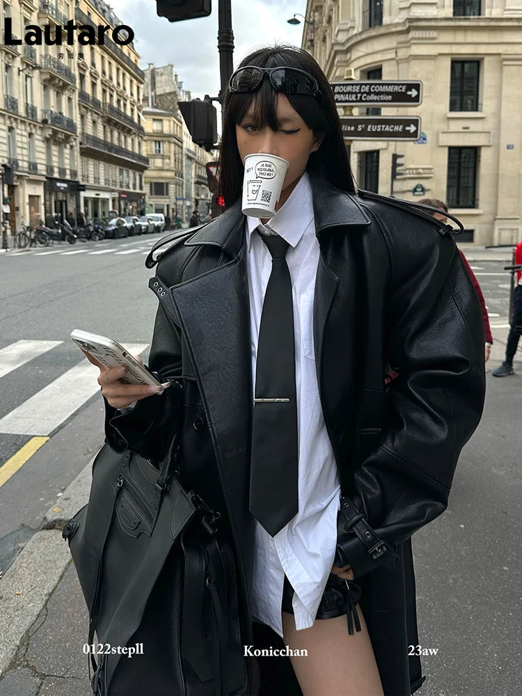 S-XL Size  Spring Autumn Extra Long Black PU Leather Trench Coat for Women with Back High Slit Luxury Chic European Fashion