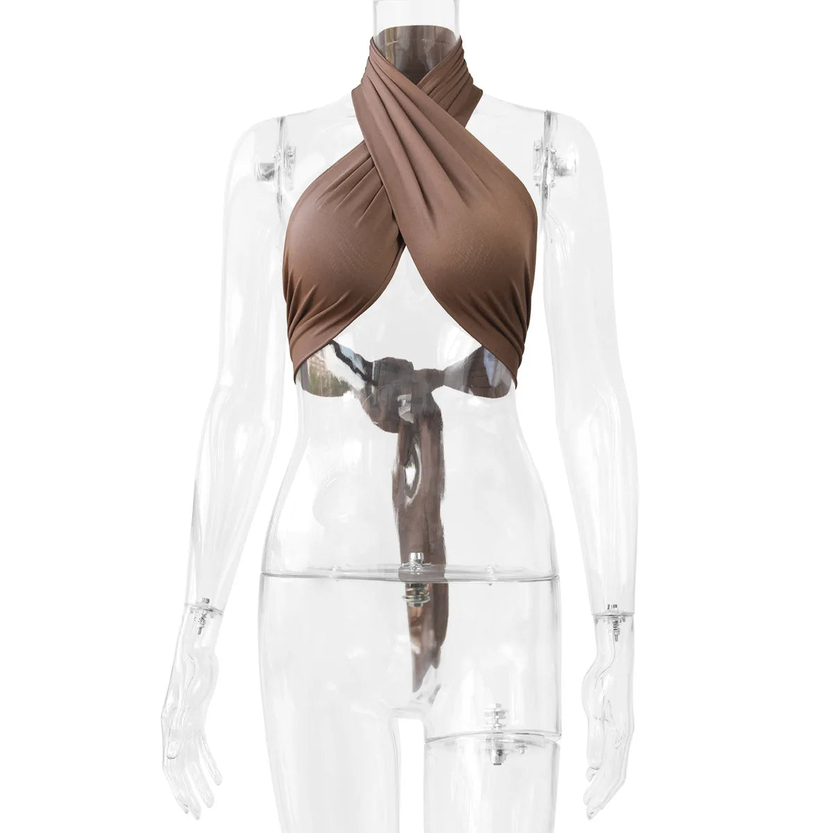 NEW Sexy Brown Tank Top Wrap Gather Chest Halter Cross Bandage Crop Tops Women Bare Midriff Backless Camis Female Sleeveless Cropped Vest