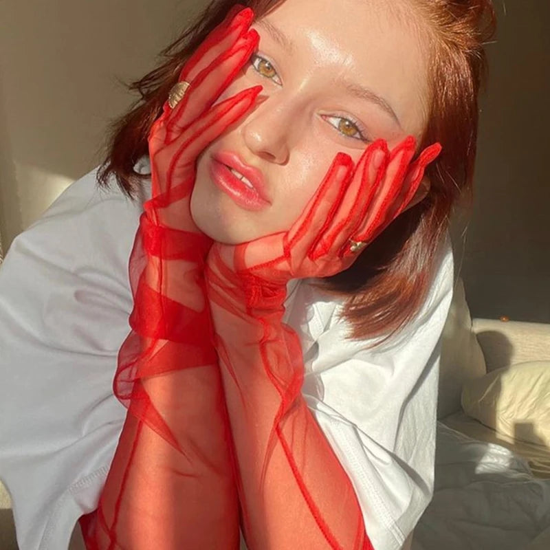 8 Colors 70cm Sexy Lace Net Yarn Mesh Breathable Long Gloves Hollow Transparent Thin Touch Screen Summer Sunscreen  Women Gloves Ladies Apparel Accessories