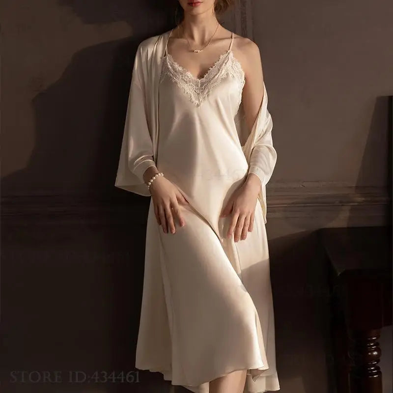 2 PCS Set S-3XL Plus Size Satin Ice Silk 3 Colors Curvy Ladies Long Robe Nightgown Set Pajamas Elegant Kimono Bathrobe Gown Sleepwear Summer Sexy Women's Home Wear Loungewear