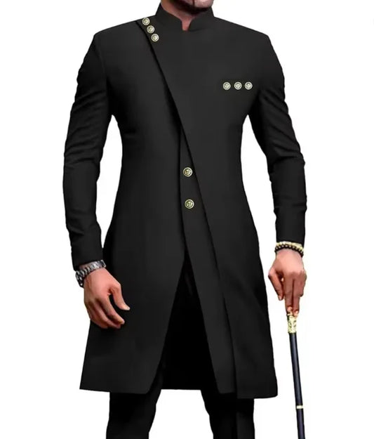 2 PCS Set S-6XL UK Plus Size 7 Colors Vintage Luxury Tuxedo Suits for Men Long Coat  Blazer And Pants Set Evening Party  Suit Stand Collar Stylish Banquet Party Clothes