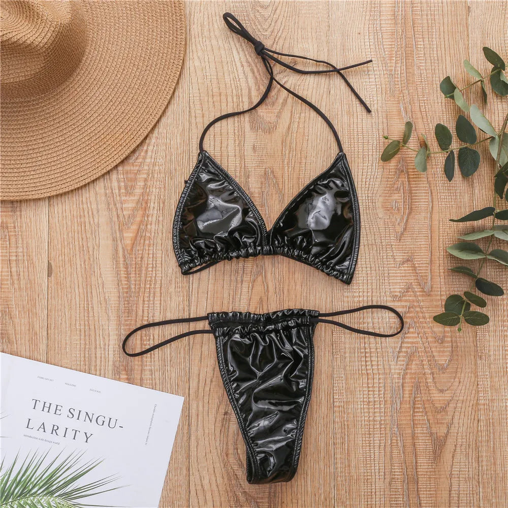 Cross border New Bright Leather Fabric Solid Color Triangle Cup Sexy Tie Up G-thong Bikini Hot selling Swimwear