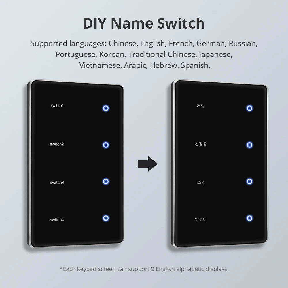 4 Gangs Zigbee Smart DIY Name Lights Switch Sensing Function Voice Control Black Panel Touch Screen Light Switches US Type Neutral Required Works with TUYA App Control  Smart Life App