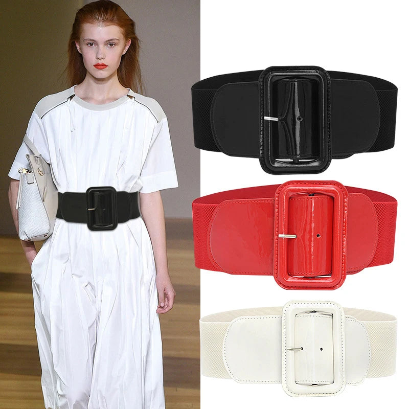 Plus Size Black/Red/White Luxury Stretch Cummerbunds Women Female Wide Black Corset PU Leather Canvas Belt Big Dress Waistband Designer Belts Girls Ladies Luxury Fashion Apparel Accessories Clothing Products