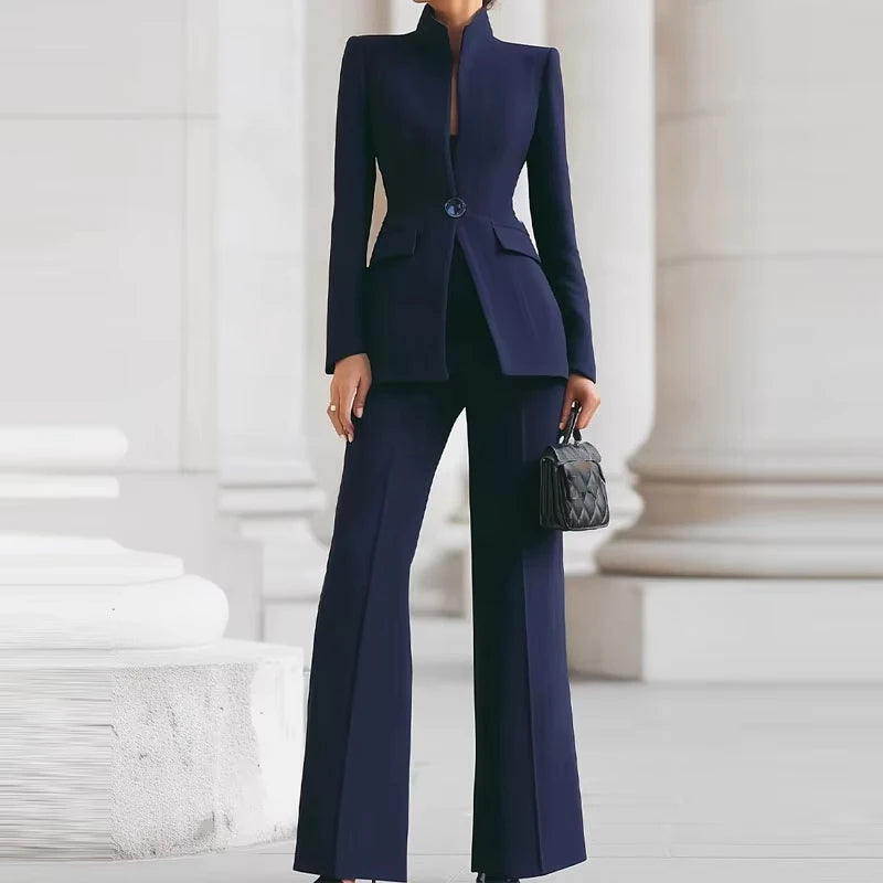 5 Colors 2 PCS Set S-2XL UK Size Elegant Long Sleeved Blazer + Pants Suit Autumn Spring Simple Solid Color Commuting Outfit Women's Temperament Slim Fit Professional Set
