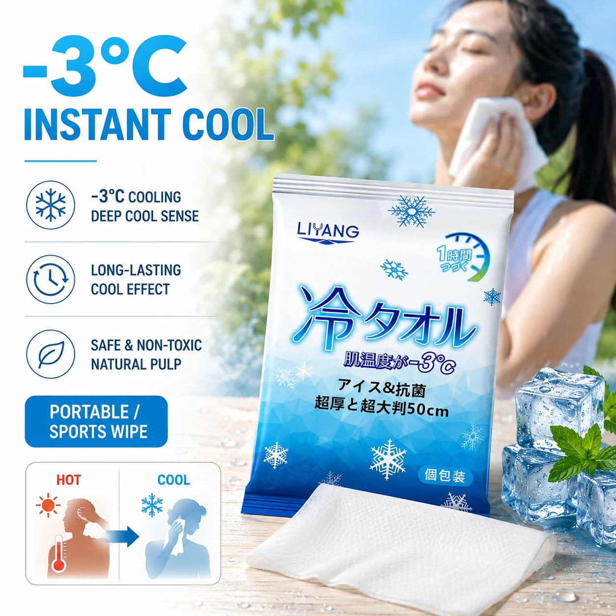 1/5/10/20/30/50 PCS Set Korean Extra Large Cooling Wet Towels Instant Ice Cold Refreshing Summer Portable Oversized Sweat Wipes for Adult Sports Cycling Running Outdoor Driving Hiking