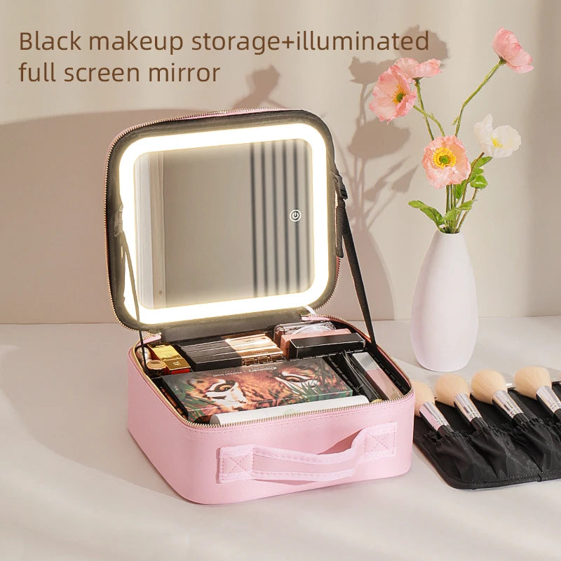 Make-Up Travel Train Case with LED Lighted Mirror, 3 Color Adjust Settings, Travel Makeup Bag With Adjustable Dividers Women Cosmetic Accessories