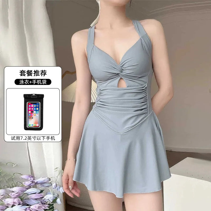 4 PCS Set Women's Swimsuit Dress + Swimming Cap + Goggles + Mobile Phones Bag + Nose Clip Earplugs Conservative Slimming Korean Style Sporty Hot Spring Swimming Suit Pure Color Skirt Style Gathered Bathing Sets