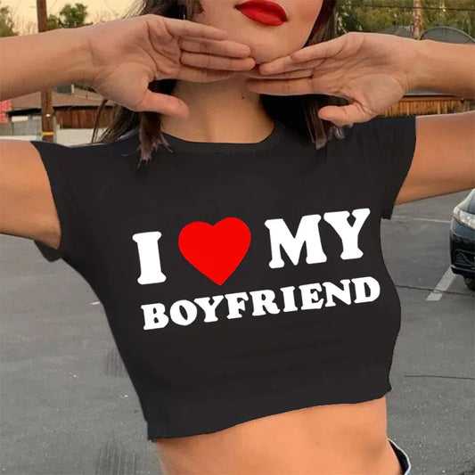 NEW Arrivals White/Black Cropped Shirt *I Love My Boyfriend* T-Shirt Casual Crew Neck Short Sleeve Crop Top for Summer Women's Outdoor Running Cycling Fitness Streetwear Beach Bar Tops