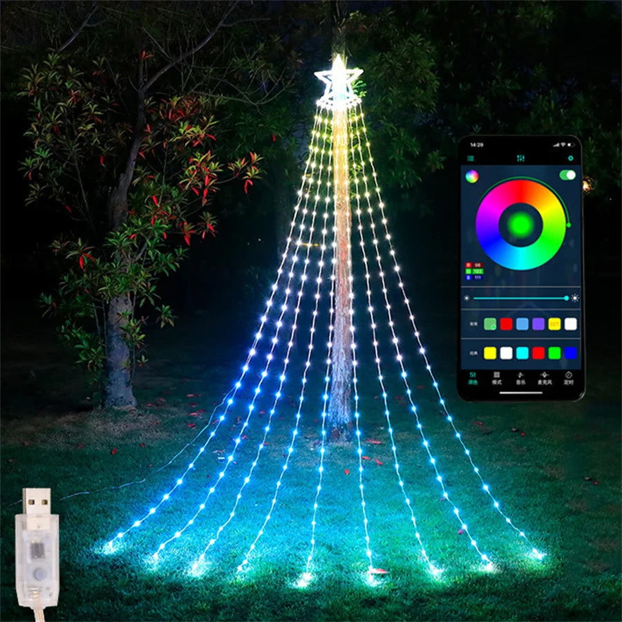 304 LED Lights Smart Christmas Tree String Lights with Star Topper 2.8M Dream Color APP Control Waterfall Fairy Light String Garland