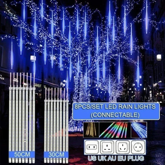 50CM UK/EU Plug Waterproof Meteor Shower Rain 8 Tube LED String Lights Set For Outdoor Holiday Christmas Decoration Tree Home Outdoor Garden Decoration Accessories