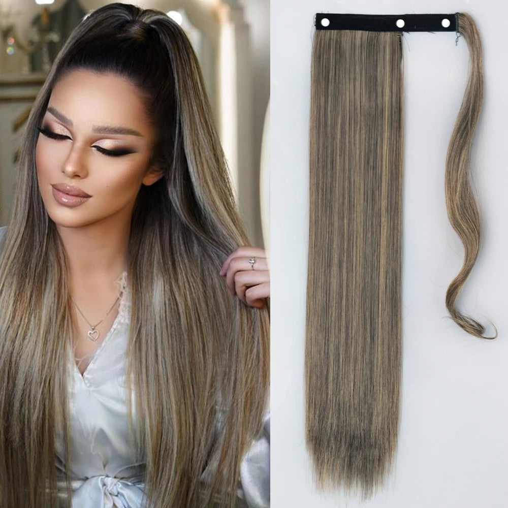 NEW  Synthetic Long Straight Wrap Around Clip In Ponytail Hair Extension Can Be Permed Heat Resistant Pony Tail Fake Hair