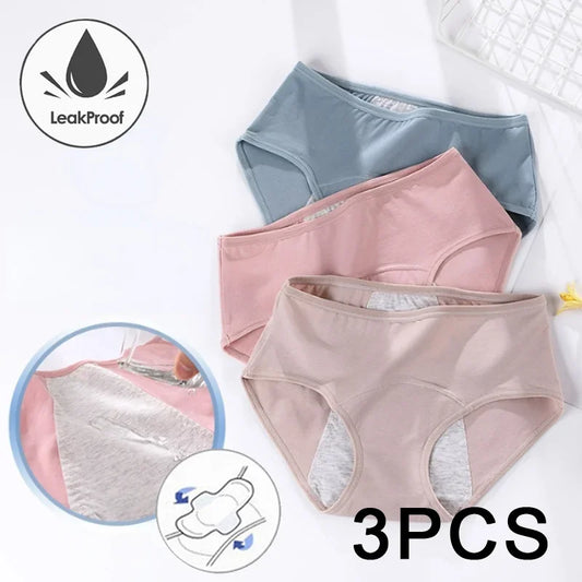 3PCS/Set Women's Menstrual Briefs Panties Large Flow Postpartum Water Absorption Leak Proof Waterproof Briefs Women's Pure Cotton Menstrual Panties Set Women Underwear Clothing Period Hygiene Lingerie Health Care Supplies