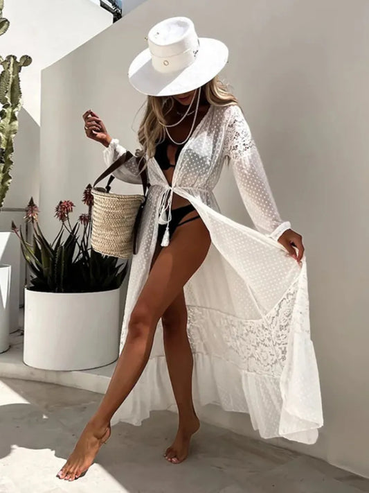 Beach Kimono Cover Ups for Swimwear Women Lace Patchwork White Black Chiffon Elegant Self Belted Wrap Dresses Bathing Suits