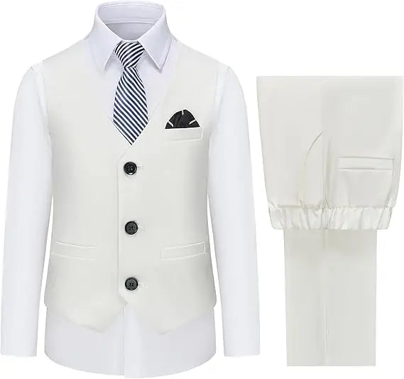 3 PCS Set 10 Colors Boys Kids Vest and Pants Set + Tie + Bowtie Formal Dress Suit Teen Boy Wedding Guest Evening Birthday Party Communion Outfit Kids Piano Host Performance Costume