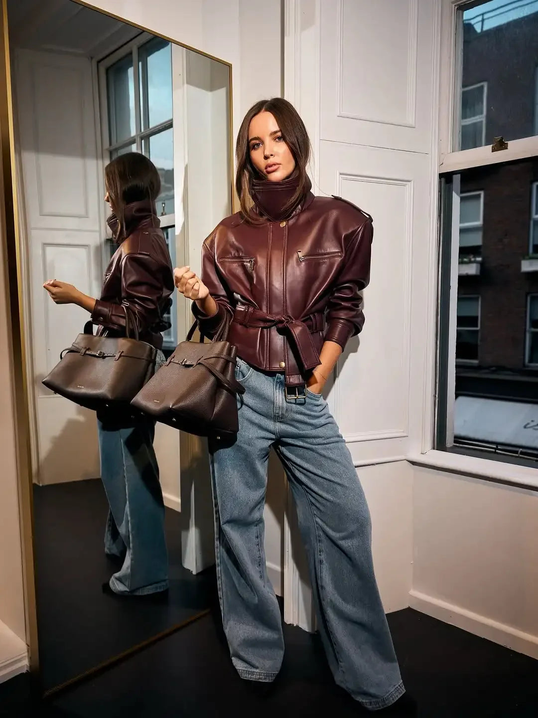 UK Size Women Solid Burgundy Waist Cinching Jacket Fashion Lace Up Stand Collar Zipper Bucket Short Jackets Lady High Street Coat