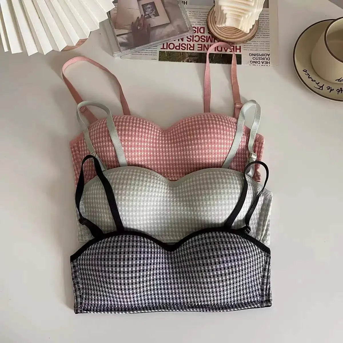 Girls Women's Plaid Comfortable Detachable Double Strap Bra No Steel Ring Bras Student Style One-piece Underwear Fashion clothing Lingerie Products