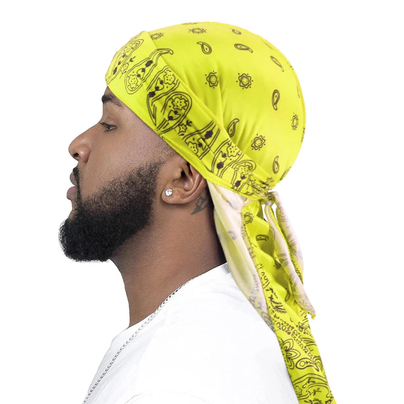New Men Satin Paisley 8 Colors  Durag Turban Bandanas Headwear Silky Durag Doo Rag Long Tail Pirate Hat Wave Caps Hair Accessories