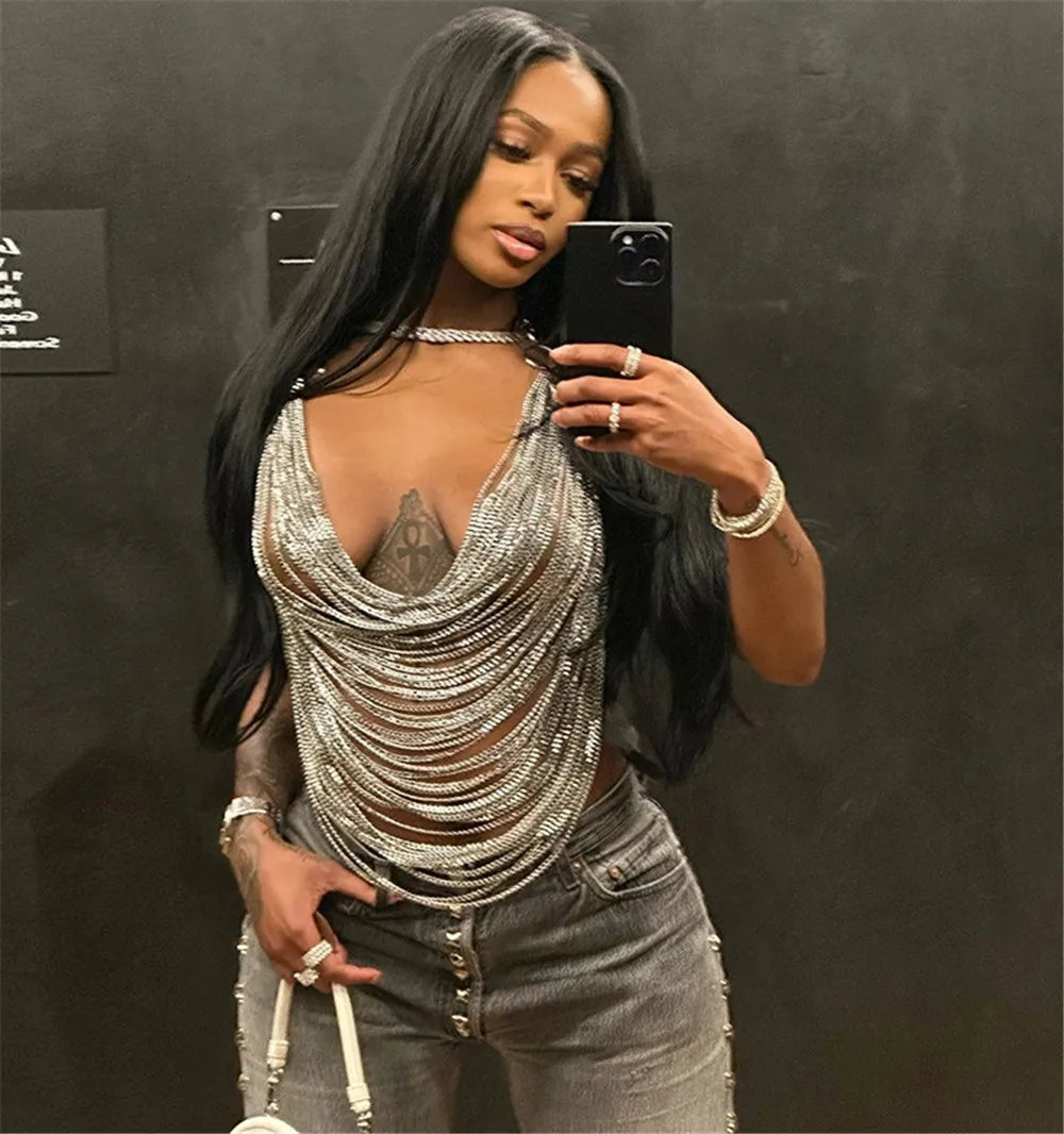 Gold/Silvery Color Backless Women's Sexy Tanks Tops  & Camisole Metal Chain Tassel Top Y2k Clothes Halter Neck Sexy Tops Sexy Woman Clothing Crop T-Shirt Cami