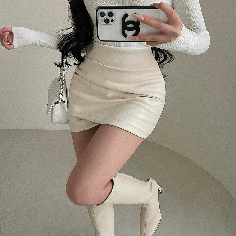 NEW Arrivals Black/Brown Hot Spicy Girl Sexy High Waist Slim A-LINE Wrinkle Wrapped Hip PU Leather Skirt Short Mini Ruffle Skirt Sweet Women MEGA Girls Sexy Fashion Apparel Supplies