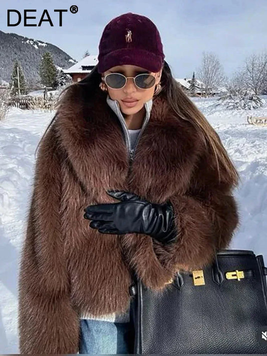 Black/Brown Color Fashion Faux Fur Coat Women's Lapel Loose Long Sleeve Thick Plush Warm Short Jackets Winter New 7A914