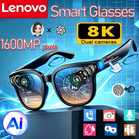 Original LENOVO AI Smart Glasses ChatGPT 8K 1600MP Touch Control Photo Recording Voice Assistant Translator Music Wireless Bluetooth Sunglasses Outdoor Travel Sports Eyewear Supplies