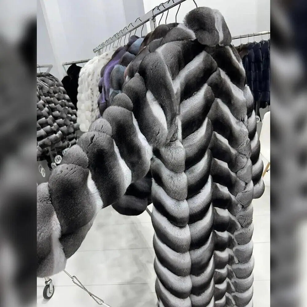 Low-Price Sales are Limited S-3XL Luxury Original Chinchilla Fur Coat Women's Long Real Rex Rabbit Fur Overcoat Fashion Winter Warm Outerwear Genuine Fur Jacket Female Ladies Winter Luxury Fashion Clothing Products