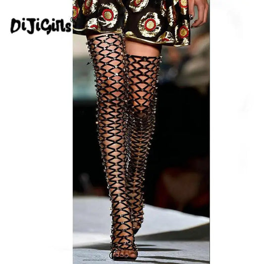 Sexy Rivets Studded Thigh High Sandals Women Summer Gladiator Sandal Boots High Heel Cut Out Over-the-Knee Boots