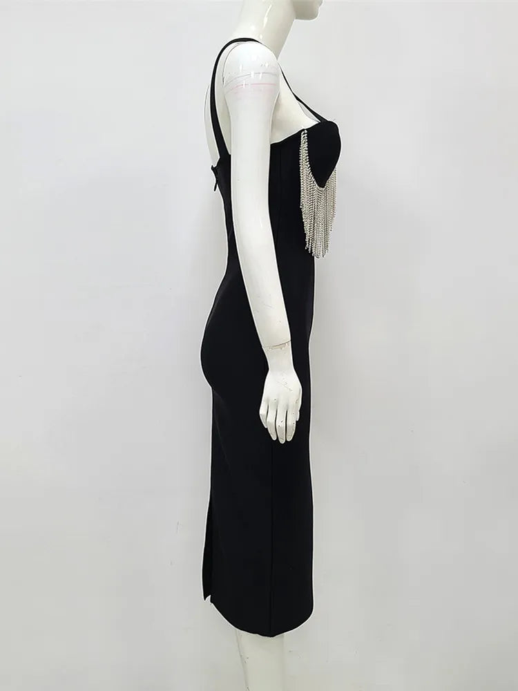 Women Summer Sexy Key Hole Diamonds Tassel Crystal Midi Black Bodycon Bandage Dress Elegant Evening Party Dress Vestido