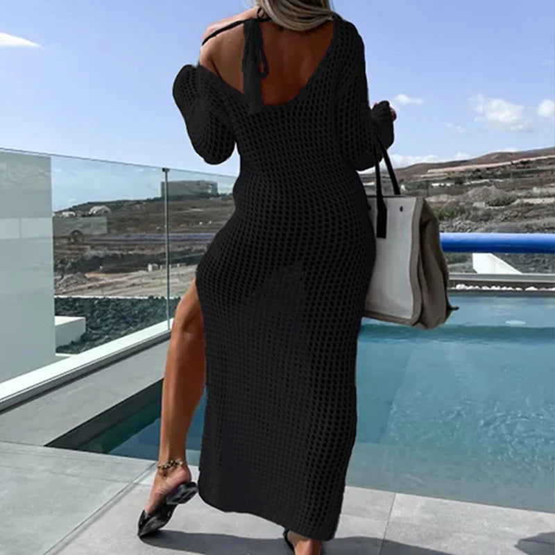 NEW Arrivals 5 Colors Sexy Casual Women's Beach Holiday Style Fishing Net Hollow Crew Neck Long-sleeved Bikini Swimsuit Fishnet Cover Up Split Maxi Dress