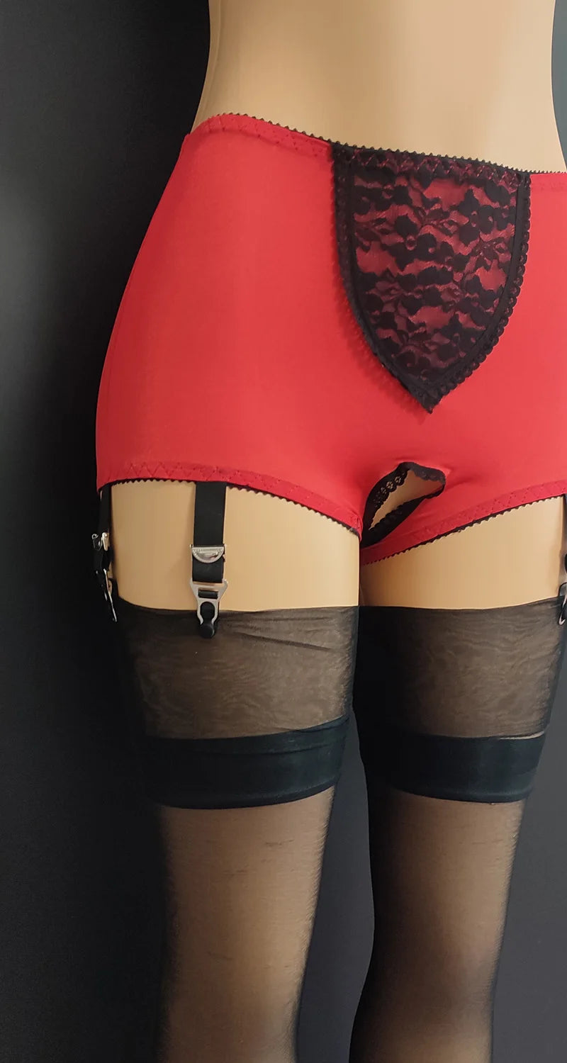 S-3XL Plus Size White/Black/Red Color Front/Back Open Crotch Panty Garter Belt for Stockings Lace Embroidery Sexy Mesh Suspenders Curvy Women Crotchless Garters Exotic Lingerie