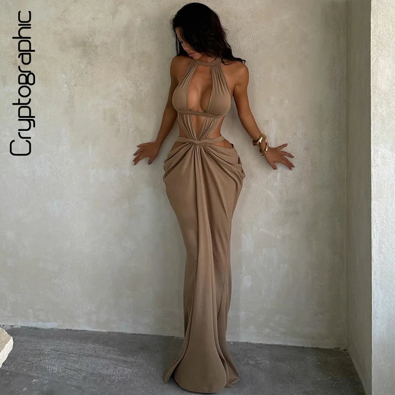 Sexy Halter Cut-Out Draped Super-Cut Back Bare Elegant Evening Party Maxi Dress Waistless Backless Sleeveless Khaki Evening Prom Long Dress