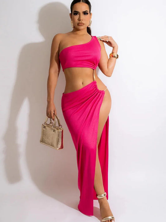 NEW Arrivals S-2XL Sexy Metal Ring Hollow Out Long Evening Beach Party Dresses Women Clothing One Shoulder Skew Collar High Split Night Club Maxi Dress
