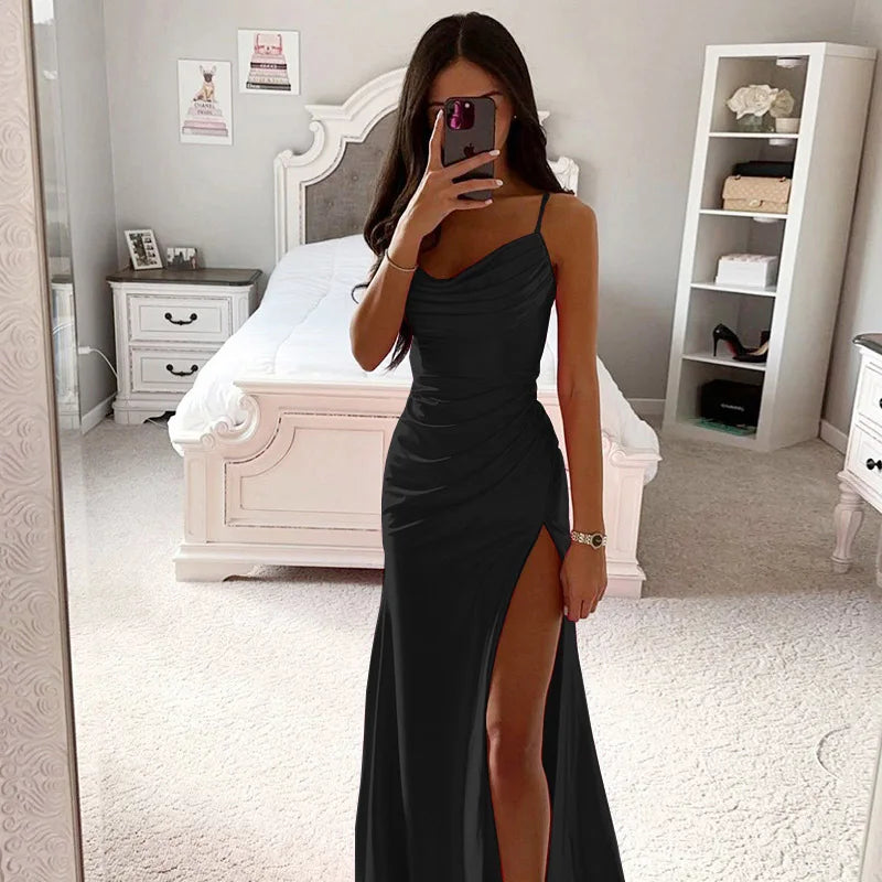 Just Arrived Luxury Satin Maxi Dress 8 Colors S-2XL UK Size  New Style Strapless Gathered Side Slit Satin Gown Sexy European And American Bodycon Evening Dress for Women