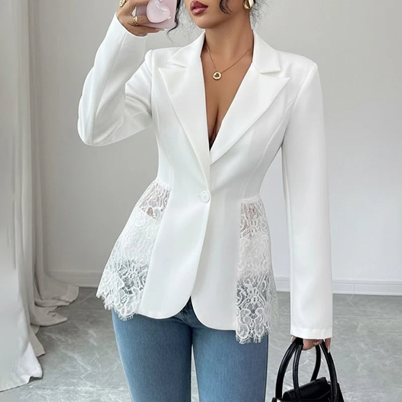 Just Arrived XS(6)- 2XL(18) UK Size 4 Colors Elegant Lace Patchwork Blazer Jacket Women Fashion Notched Collar Long Sleeve One-Button Perspective Sexy Versatile Suit Coat