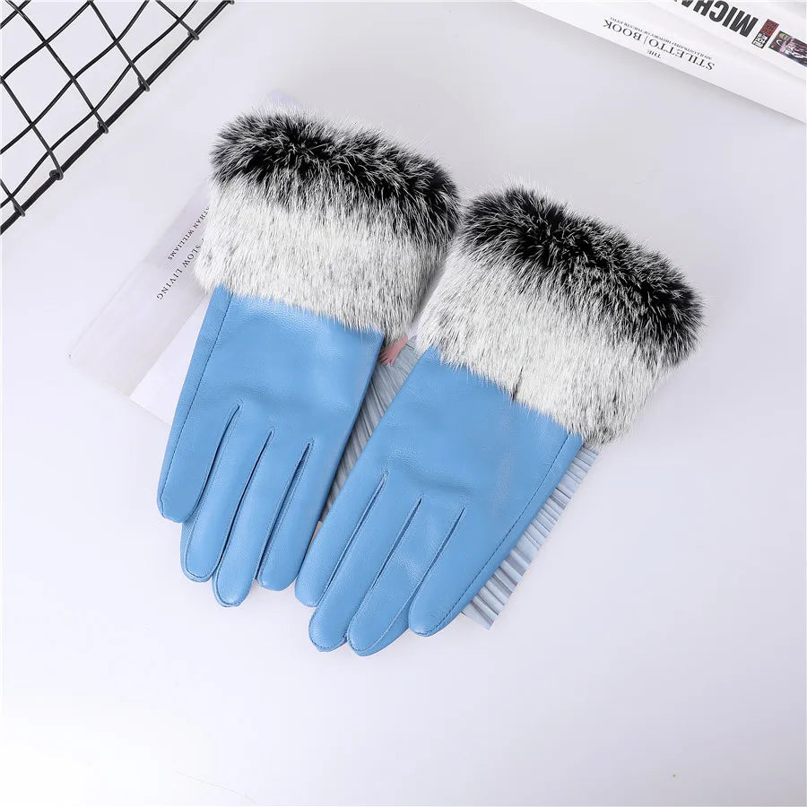 New Arrivals Women's Luxury Real Sheepskin Leather Gloves With Real Natural Rabbit Fur Cuffs Female Formal Evening Party Business Dinner Warm Gloves Fleece Lining Touch Screen Gloves Ladies Luxury Fashion Apparel Accessories