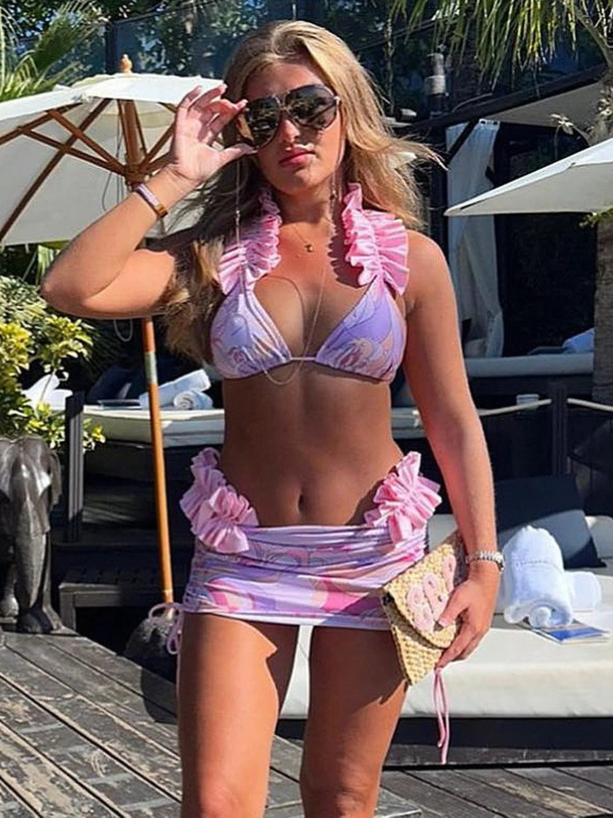 3 Piece Bikini Women Swimsuit 2024 Female Swimwear Ruffle Beachwear Swimming Suit Bathing Suit Bikini Set Skirt Sarong Biquini