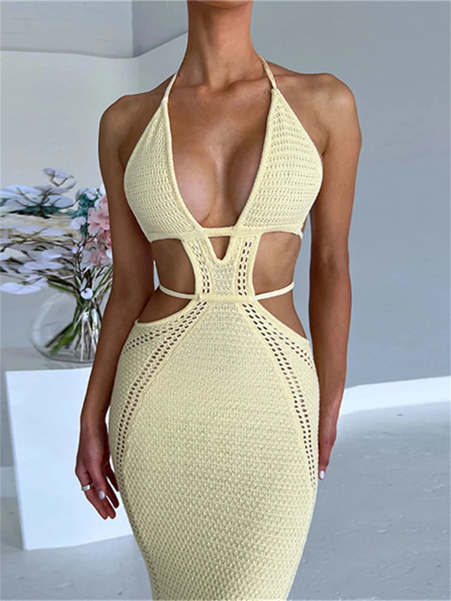 Women Halter Tie-up Knit Crochet Beach Dress Sexy Backless Sleeveless Deep V Cutout Waist Wrapped Bodycon Dress Clubwear